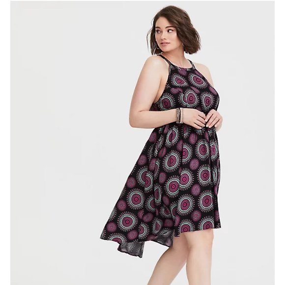 Torrid plus size 4x Medallion Print Hi-Lo Challis Dress black purple and teal - Picture 2 of 14